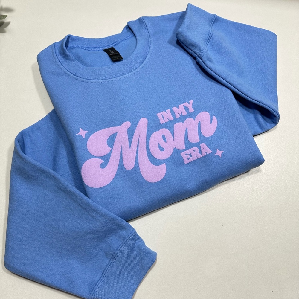 Gildan In my Mom Era Blue Sweatshirt with lilac Print
